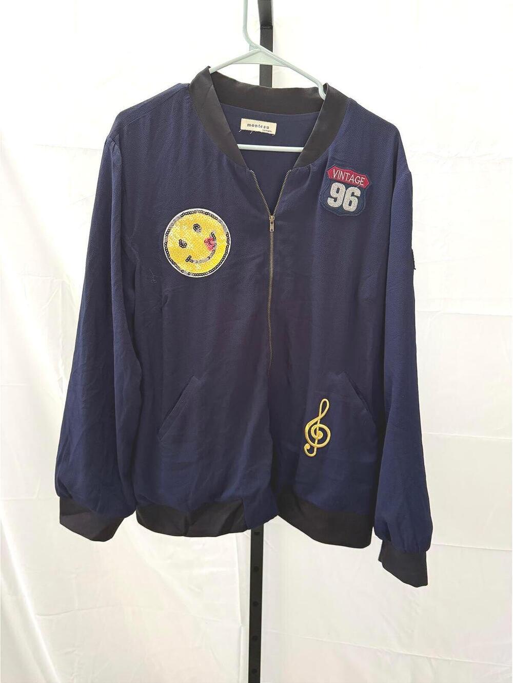Monteau Women's Navy Blue Bomber Jacket with Embroidered Patches Large